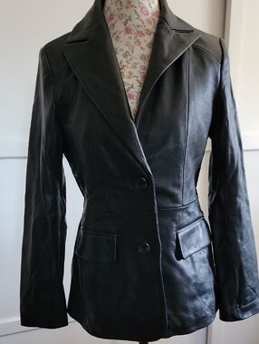 Jones New York Black Leather Tailored Blazer Jacket Size Small